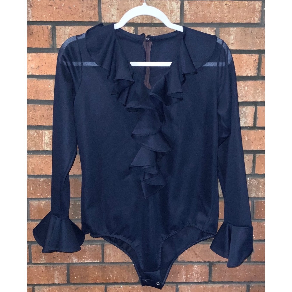 Vintage Navy Blue Ruffle V-Neck Bodysuit Long Bell Sleeve Back Zip Snap Closure